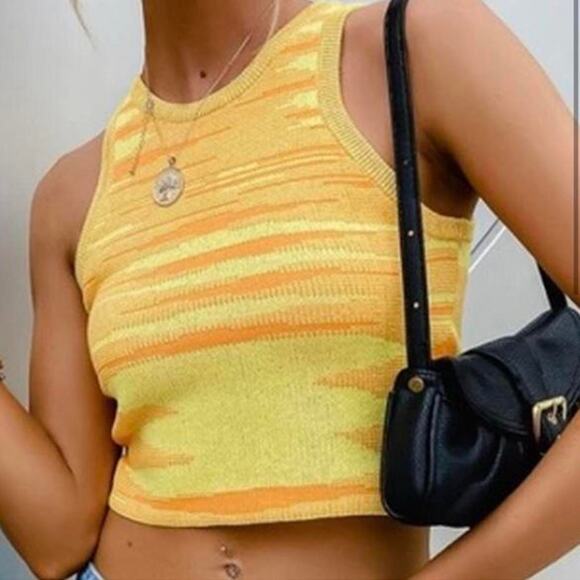 Yellow Striped Tie Dye Knit Crop Top Y2K Tank S - Picture 1 of 5